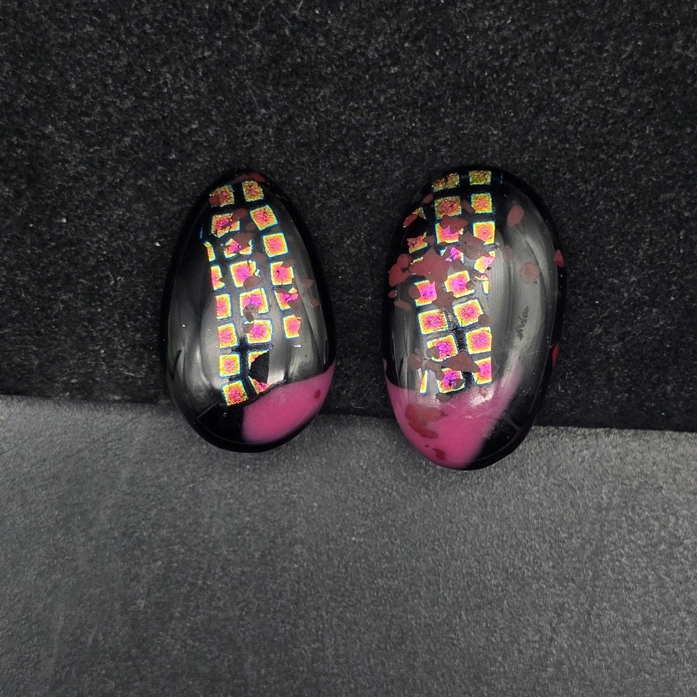JCD Sterling SIlver Dichroic Glass Earrings Clip On Black Pink
